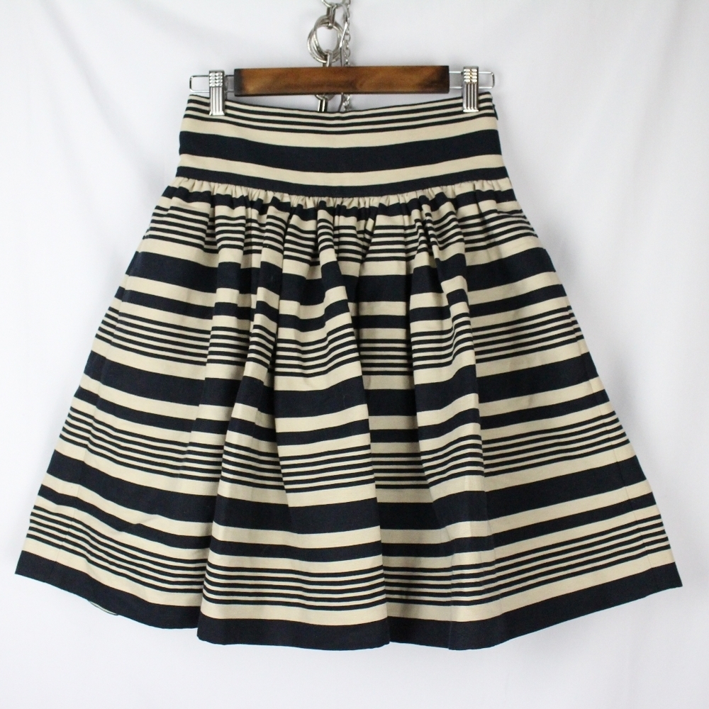 Ms Min Navy/Cream Striped Pleated A-Line Skirt NWT
